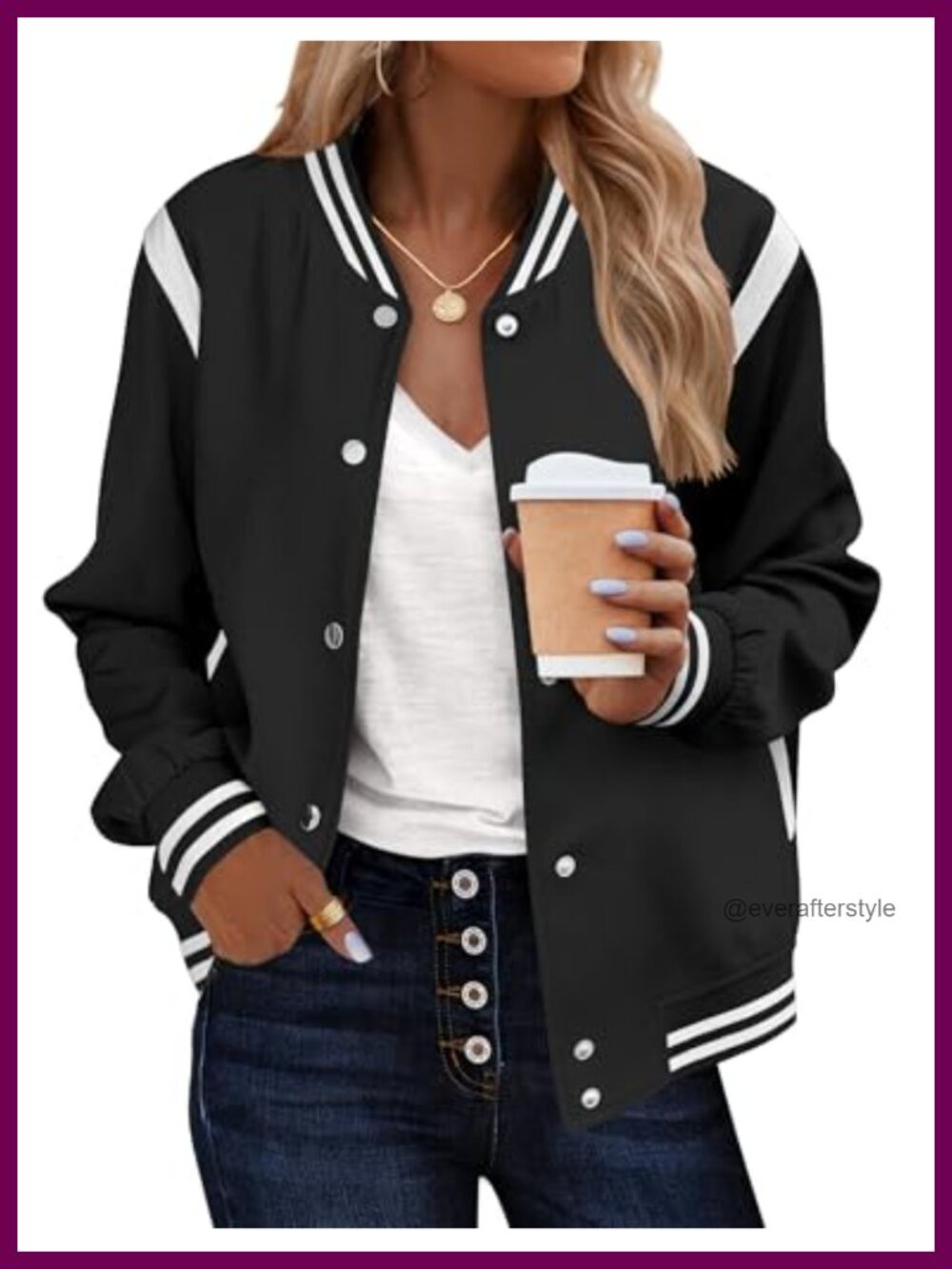 Bomber Jacket Womens Varsity Button Down Casual Jacket with Pockets